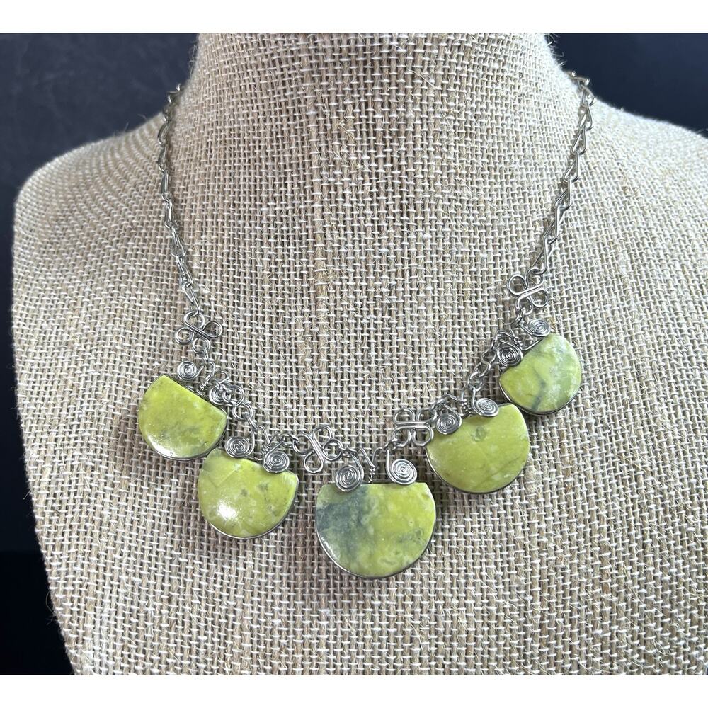 Serpentine Semiprecious Stone & Alpaca Silver Handmade Necklace From Peru NEW